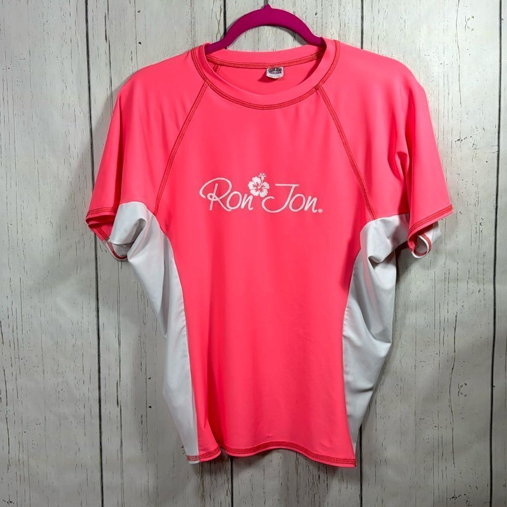 Ron Jon Rash Guard Shirt Surf Womens Pink White Hibiscus Logo Nylon Spandex Top